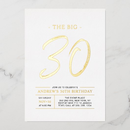 Thirty | Modern Gold Big 30th Birthday Party 箔招待状 (正面)