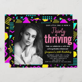 Thirty & Thrivingブラックとレトロの誕生日写真 招待状