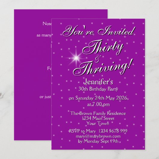 Thirty & Thriving Pink Purple 30th Birthday 招待状 (正面/裏面)