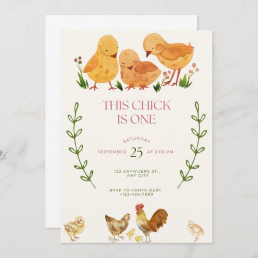 This Chick is One Birthday invitation 招待状 (正面/裏面)