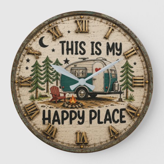 This Is My Happy Place Cabin & Camper Gift ラージ壁時計 (正面)
