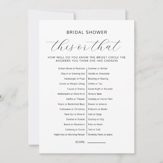 This Or That Bridal Shower Couples Wedding Games 招待状 (正面)