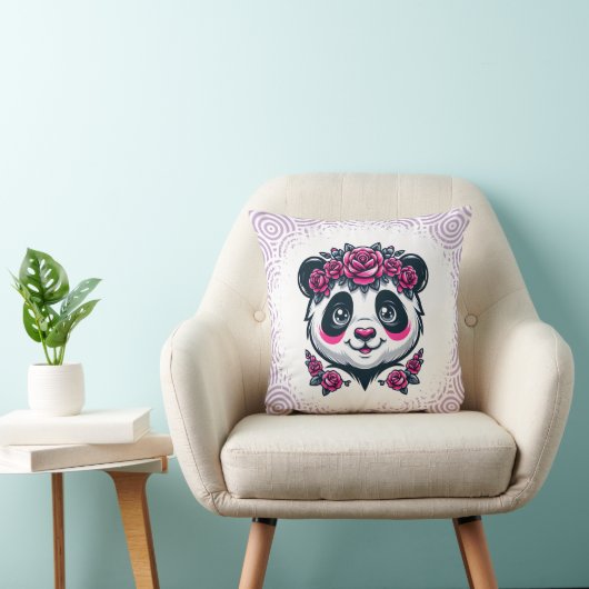 This smiling panda framed by pink roses blends exo クッション (椅子)