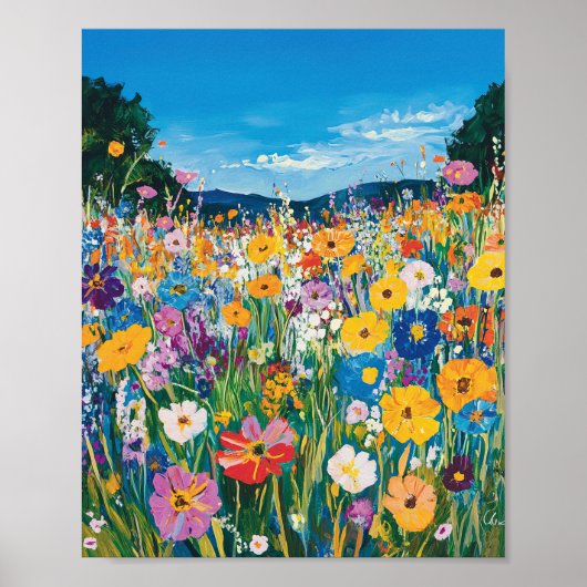 This vibrant painting depicts a field of wildflowe ポスター (正面)