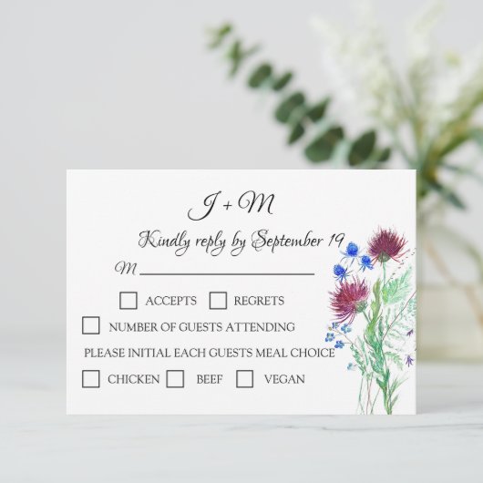 ThistleフローラスコティッシュウォーターカラーウェディングRSVP 出欠カード (スタンド正面)