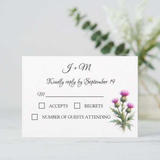 Thistle Floral Scottish Watercolor Wedding RSVP (スタンド正面)
