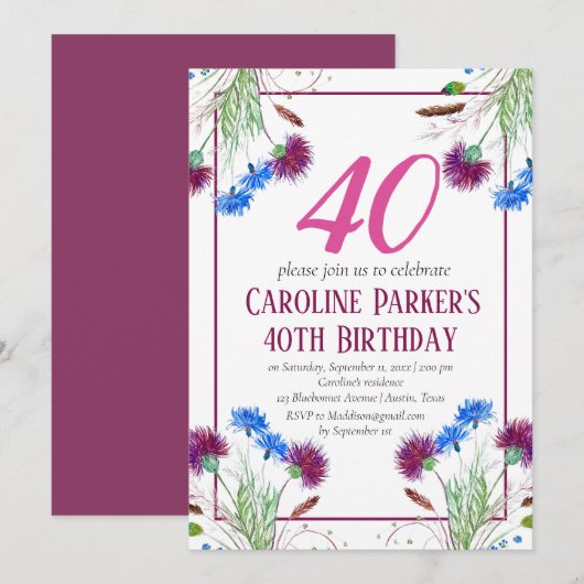 Thistle Scotish 40th Birthday Purpleフローラ 招待状 (正面/裏面)