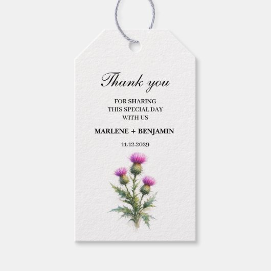 Thistle Scottish Floral Watercolor Flowers Wedding ギフトタグ (正面)