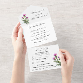 Thistle Scottish Simple Purple Floral Wedding オールインワン招待状
