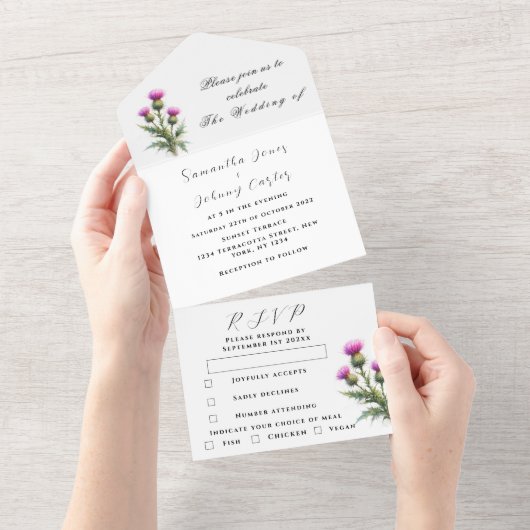 Thistle Scottish Simple Purple Floral Wedding オールインワン招待状 (貼ってはがせる)