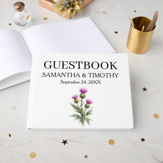 Thistle Scottish Watercolor Floral Wedding ゲストブック (正面見開き)
