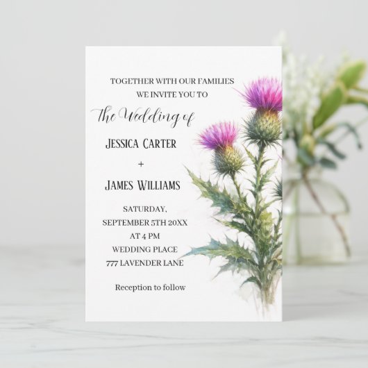 Thistle Scottish Watercolor Rustic Wedding 招待状 (スタンド正面)