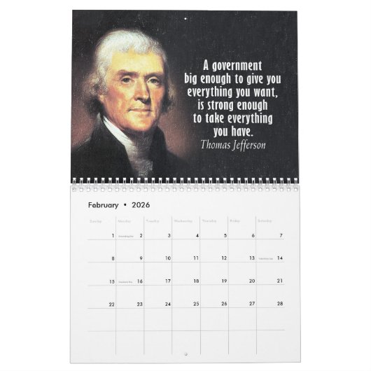 Thomas Jefferson引用文と写真大統領の付き カレンダー (2月 2026)