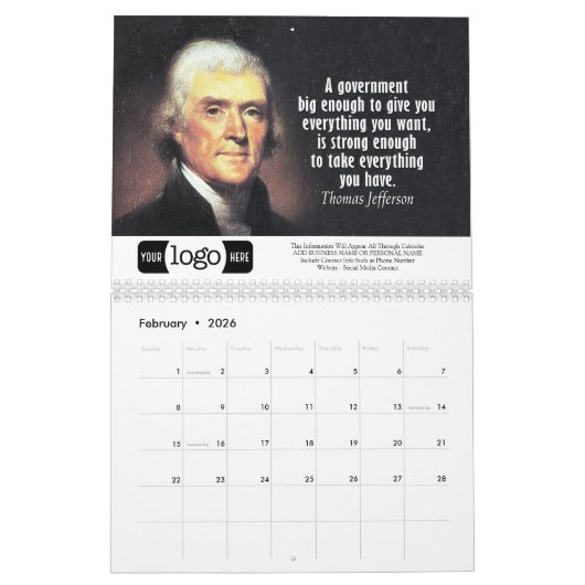 Thomas Jefferson引用文ビジネスロゴのプロモーション カレンダー (2月 2026)