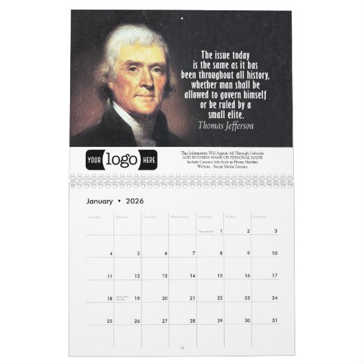 Thomas Jefferson引用文ビジネスロゴのプロモーション カレンダー (1月 2026)