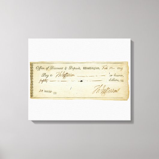 Thomas Jefferson Signature on Bank Check 1809 キャンバスプリント (正面)