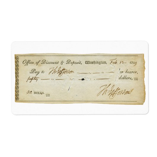 Thomas Jefferson Signature on Bank Check 1809 ラベル (正面)