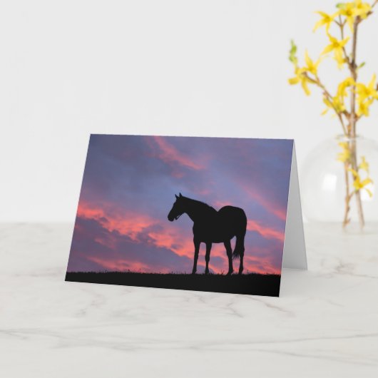 Thoroughbred Horse Silhouetted at Sunrise カード (黄色い花)