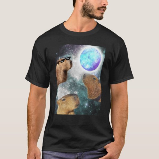 Three 3 Moon Capybaras Space Rodent Animal Parody  Tシャツ (正面)