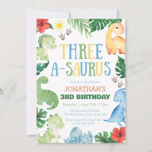 Three A-Saurus Dino 3rd Birthday 招待状 (正面)