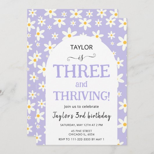 THREE and Thriving Purple Daisy 3rd Birthday 招待状 (正面/裏面)