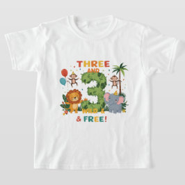 Three and Wild & Free – ジャングルパーティー誕生日 Tシャツ