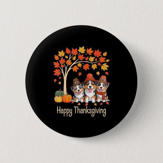 Three Australian Shepherd Dogs Fall Tree Happy Tha 缶バッジ (正面)