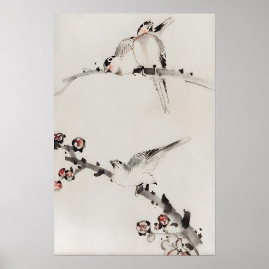 Three Birds Perched On Branches Japanese Fine Art ポスター (正面)