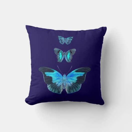 Three Blue Butterflies on Dark Blue Pillow クッション (正面)