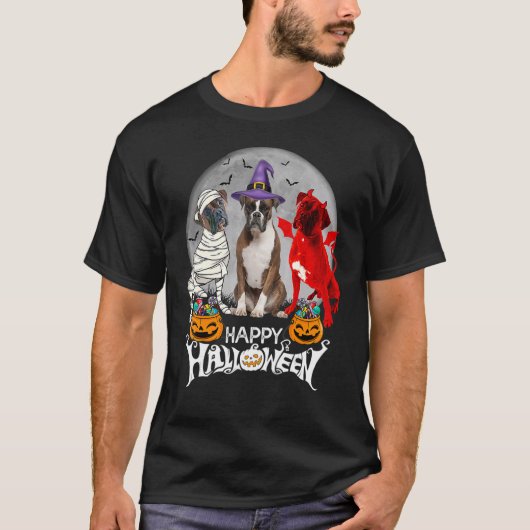 Three Boxer Dog Brindle Boxer Mummy Witch Demon Ha Tシャツ (正面)