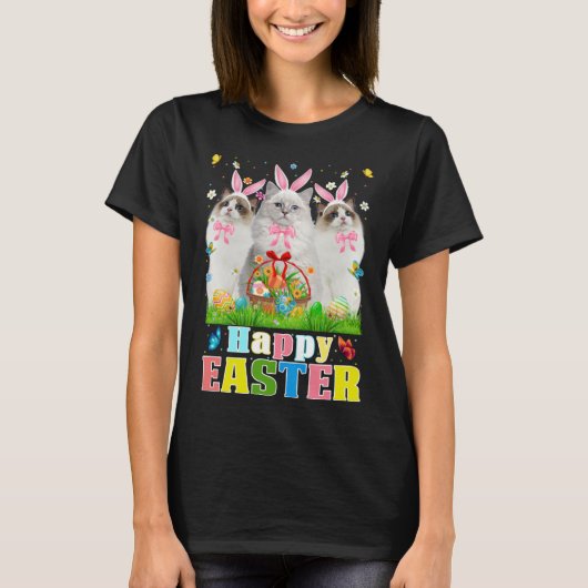 Three Bunny Ragdoll Cats & Easter Egg Basket Easte Tシャツ (正面)