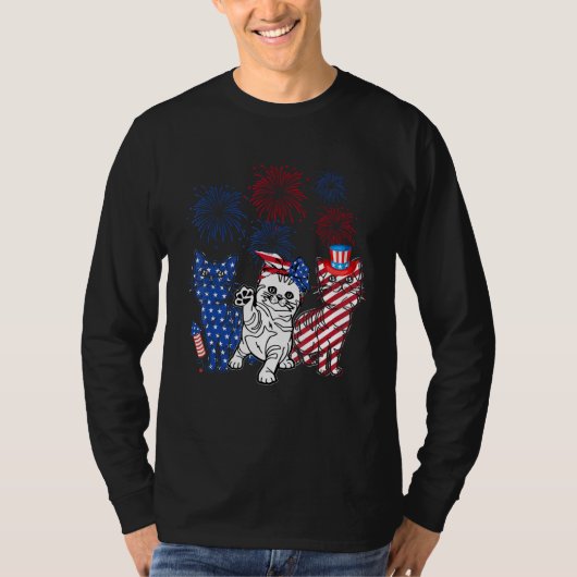 Three Cat 4th Of July American Flag Patriotic Cat Tシャツ (正面)