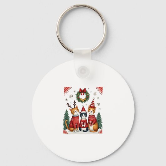 Three Cat Funny Christmas Cat Ugly Xmas Sweater Me キーホルダー (正面)