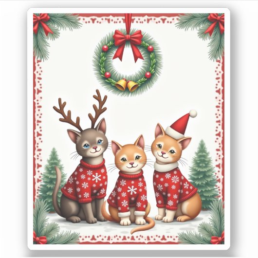 Three Cat Funny Christmas Cat Ugly Xmas Sweater Me シール (正面)