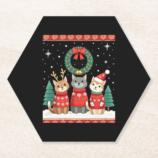 Three Cat Funny Christmas Cat Ugly Xmas Sweater Me ペーパーコースター (正面)