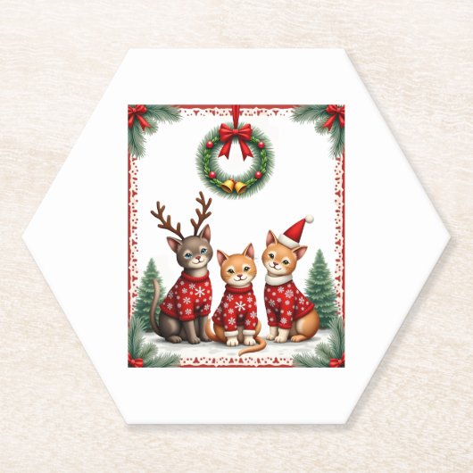 Three Cat Funny Christmas Cat Ugly Xmas Sweater Me ペーパーコースター (正面)