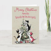 Three Cats Decorating A Tree Christmas Card カード (正面)