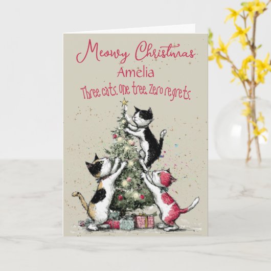 Three Cats Decorating A Tree Christmas Card カード (黄色い花)