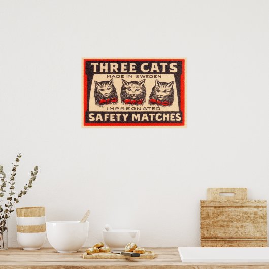 Three Cats Safety Matches Label ポスター (キッチン)