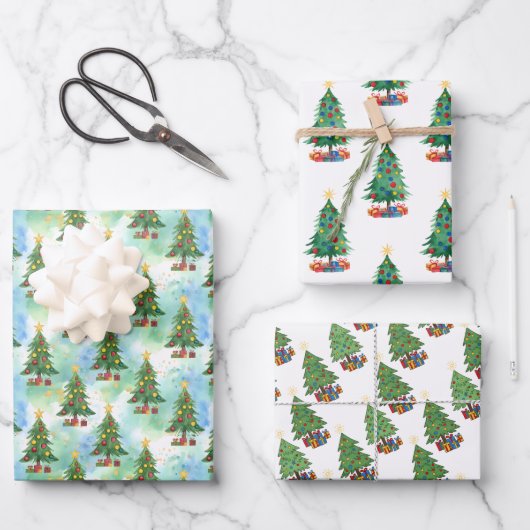 Three Christmas Trees and Gifts Patterns ラッピングペーパーシート (正面)