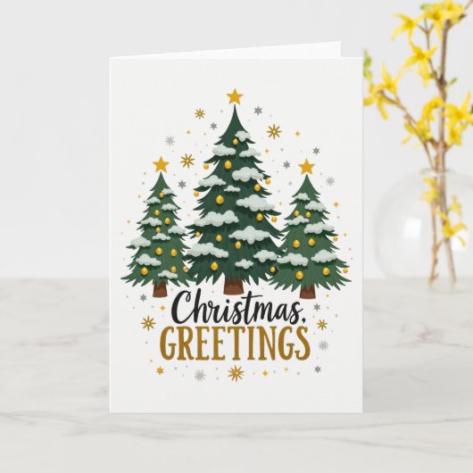 Three Christmas Trees Snow Gold Star Greetings Car カード (黄色い花)