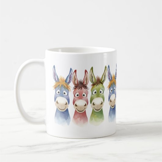 Three Colorful Cartoon Donkeys in Watercolor Style コーヒーマグカップ (左)
