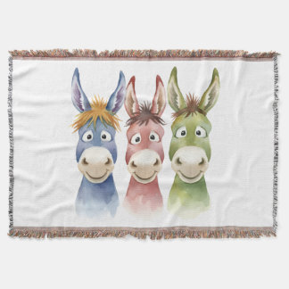 Three Colorful Cartoon Donkeys in Watercolor Style スローブランケット
