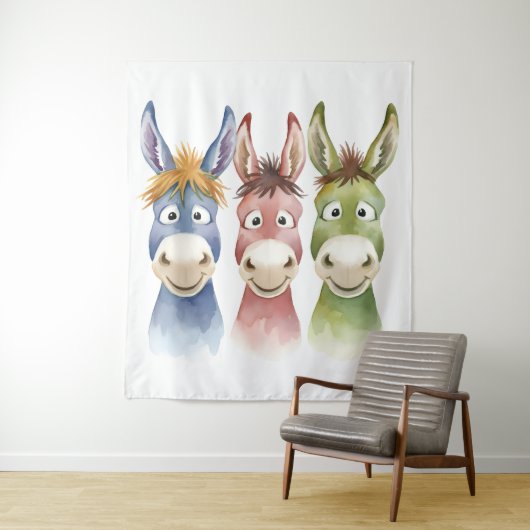 Three Colorful Cartoon Donkeys in Watercolor Style タペストリー (インサイチュ)