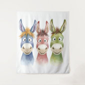 Three Colorful Cartoon Donkeys in Watercolor Style タペストリー (正面)