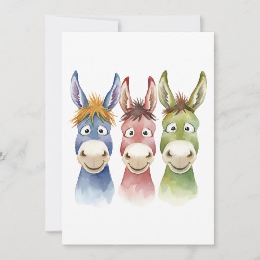 Three Colorful Cartoon Donkeys in Watercolor Style 招待状 (正面)