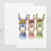 Three Colorful Cartoon Donkeys in Watercolor Style 招待状 (正面/裏面)