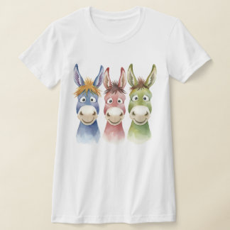 Three Colorful Cartoon Donkeys in Watercolor Style Tシャツ
