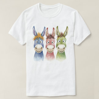 Three Colorful Cartoon Donkeys in Watercolor Style Tシャツ