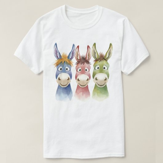 Three Colorful Cartoon Donkeys in Watercolor Style Tシャツ (デザイン正面)